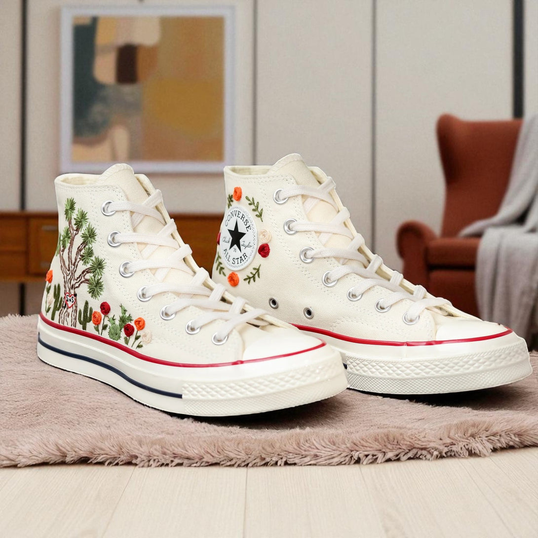 Converse Cactus Shoes with Embroidered Floral Designs on Cream High-Top Canvas for Stylish Comfort