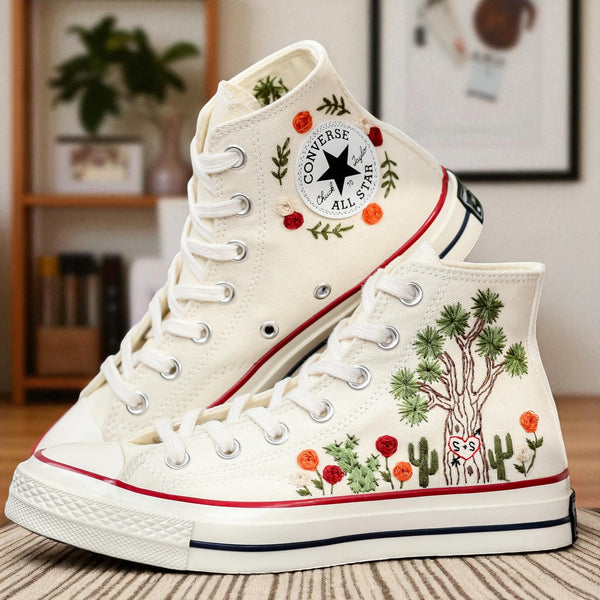 Converse Cactus Shoes with Embroidered Cacti and Floral Design on White Canvas High-Top Sneakers
