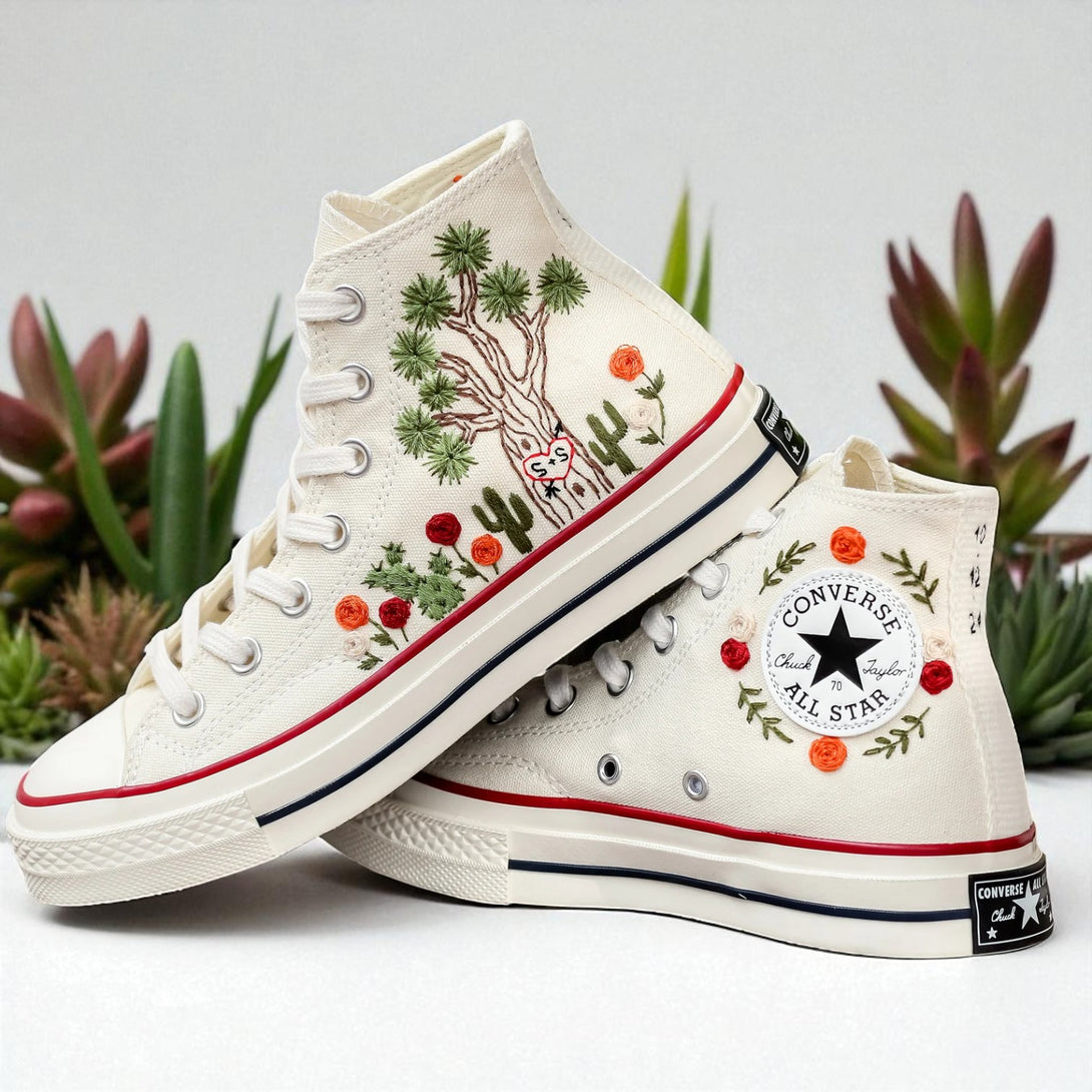 Converse Cactus Shoes featuring colorful embroidered designs and a classic high-top silhouette