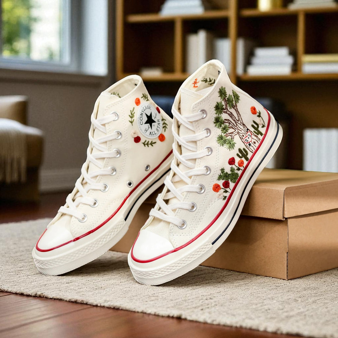 Converse Cactus Shoes with intricate embroidery featuring cacti and flowers for a unique style