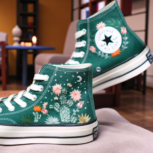 Converse Cactus Shoes featuring colorful floral and cactus embroidery on green canvas