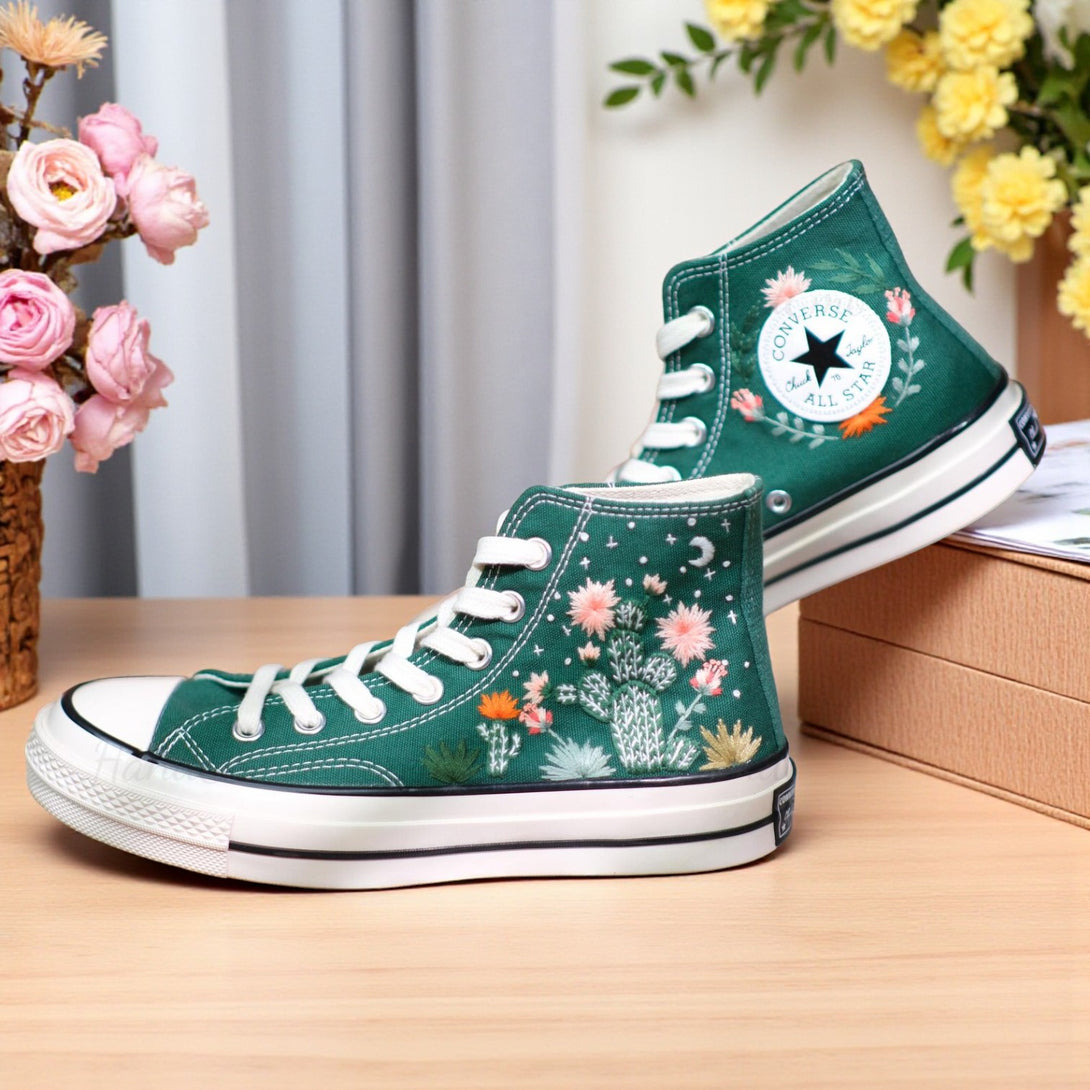 Converse Cactus Shoes with Embroidered Floral Design on Green Canvas Upper