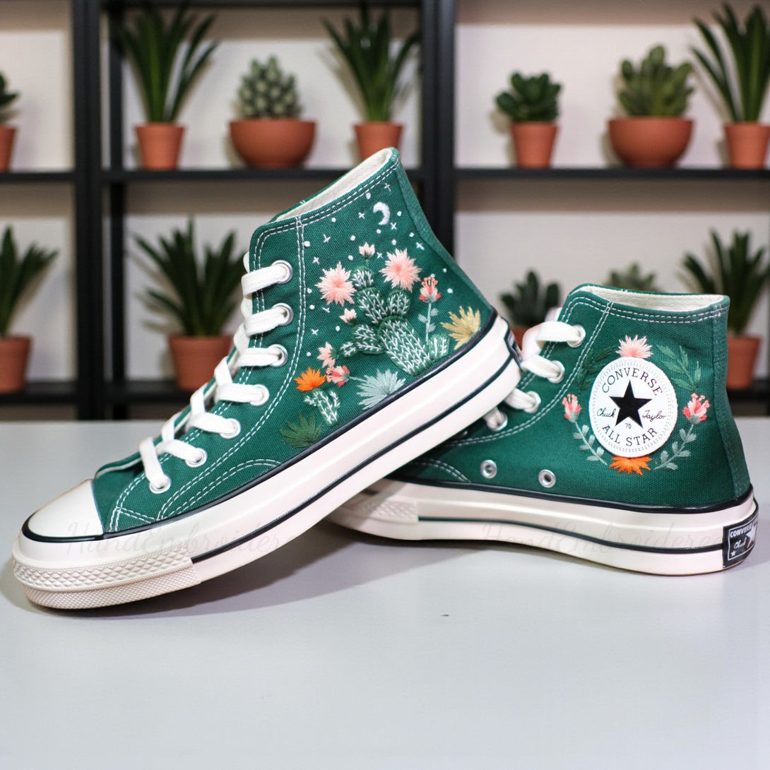 Converse Cactus Shoes featuring vibrant floral embroidery on a green canvas upper