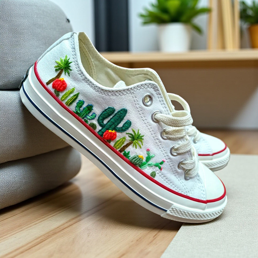 Converse Cactus Shoes featuring colorful cactus embroidery on a classic white canvas design