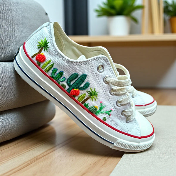 Converse Cactus Shoes featuring colorful cactus embroidery on a classic white canvas design