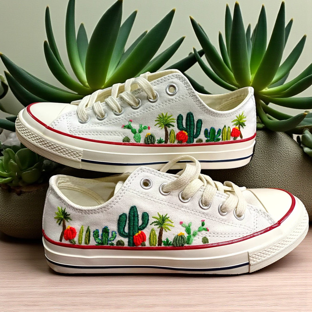 Converse Cactus Shoes featuring vibrant cactus embroidery on classic white sneakers