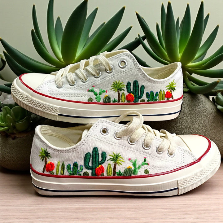 Converse Cactus Shoes featuring vibrant cactus embroidery on classic white sneakers