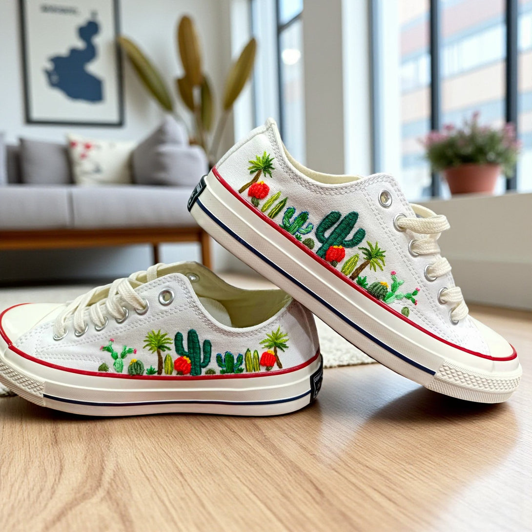 Converse Cactus Shoes featuring vibrant cactus embroidery on a white canvas design