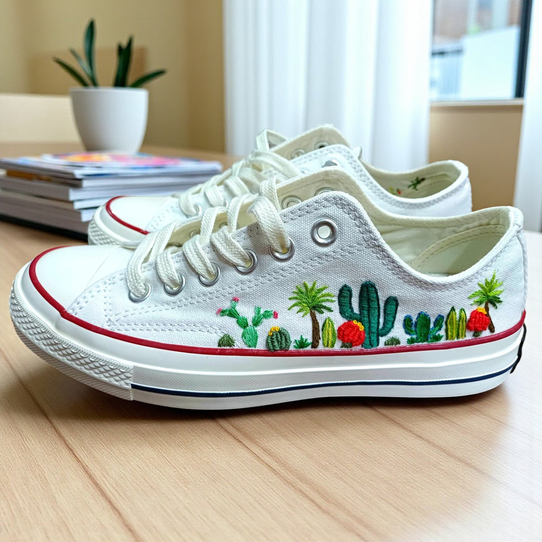 Converse Cactus Shoes featuring colorful cactus embroidery on white canvas for a stylish look
