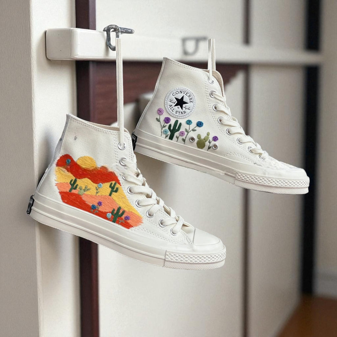 Converse Cactus Embroidered Shoes with Colorful Desert Motif on Classic High-Top Design