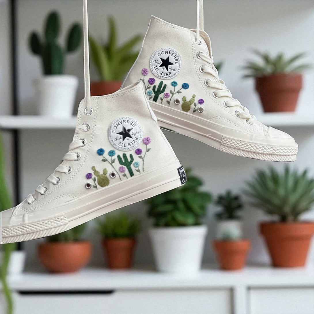 Converse Cactus Embroidered Shoes in Beige with Colorful Floral Design for Everyday Style