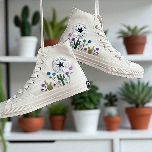 Converse Cactus Embroidered Shoes in Beige with Colorful Floral Design for Everyday Style