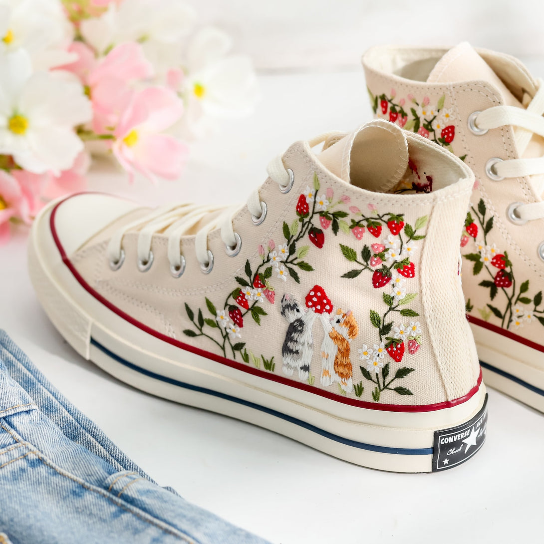 Cat and Strawberry Embroidery Converse high top canvas shoes by Stitchery Zone with hand embroidered cats and strawberries