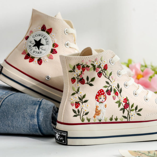 Cat and Strawberry Embroidery Converse high top sneakers by Stitchery Zone cream canvas with detailed strawberry cat embroidery