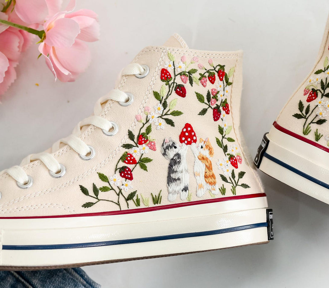 Stitchery Zone Cat and Strawberry Embroidery Converse cream high top shoes with embroidered cats and strawberries