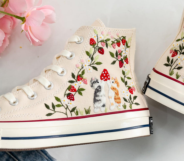 Stitchery Zone Cat and Strawberry Embroidery Converse cream high top shoes with embroidered cats and strawberries