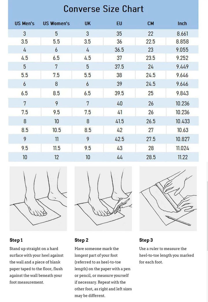 Stitchery Zone Cat and Strawberry Embroidery Converse size chart with foot measurement steps and diagrams