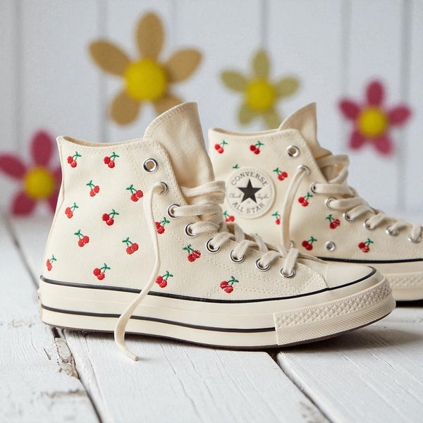 Converse embroidered high top canvas cherry sneakers in cream with red cherry pattern and classic rubber sole
