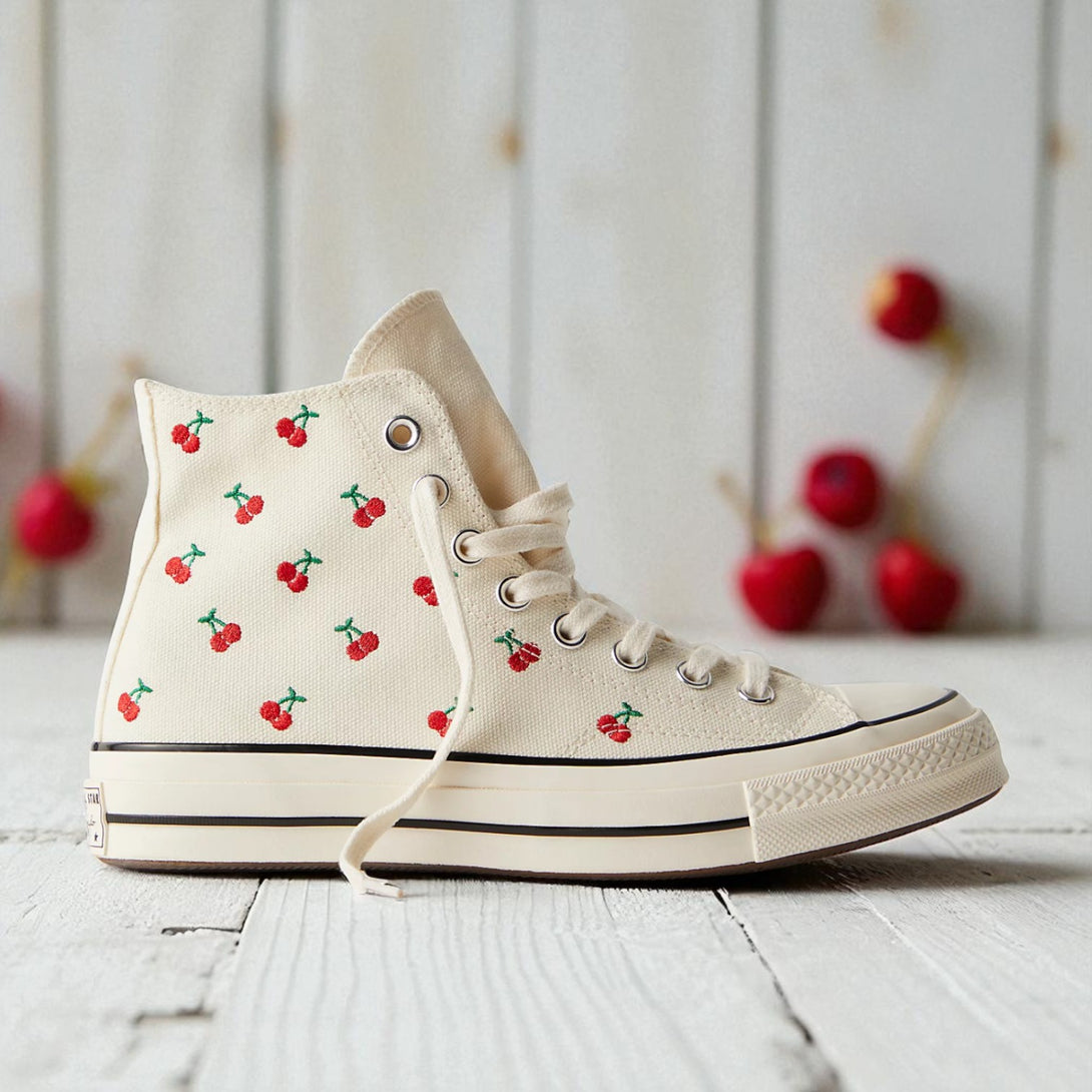 Converse embroidered high top cream canvas cherry sneakers with red cherry pattern and white rubber sole