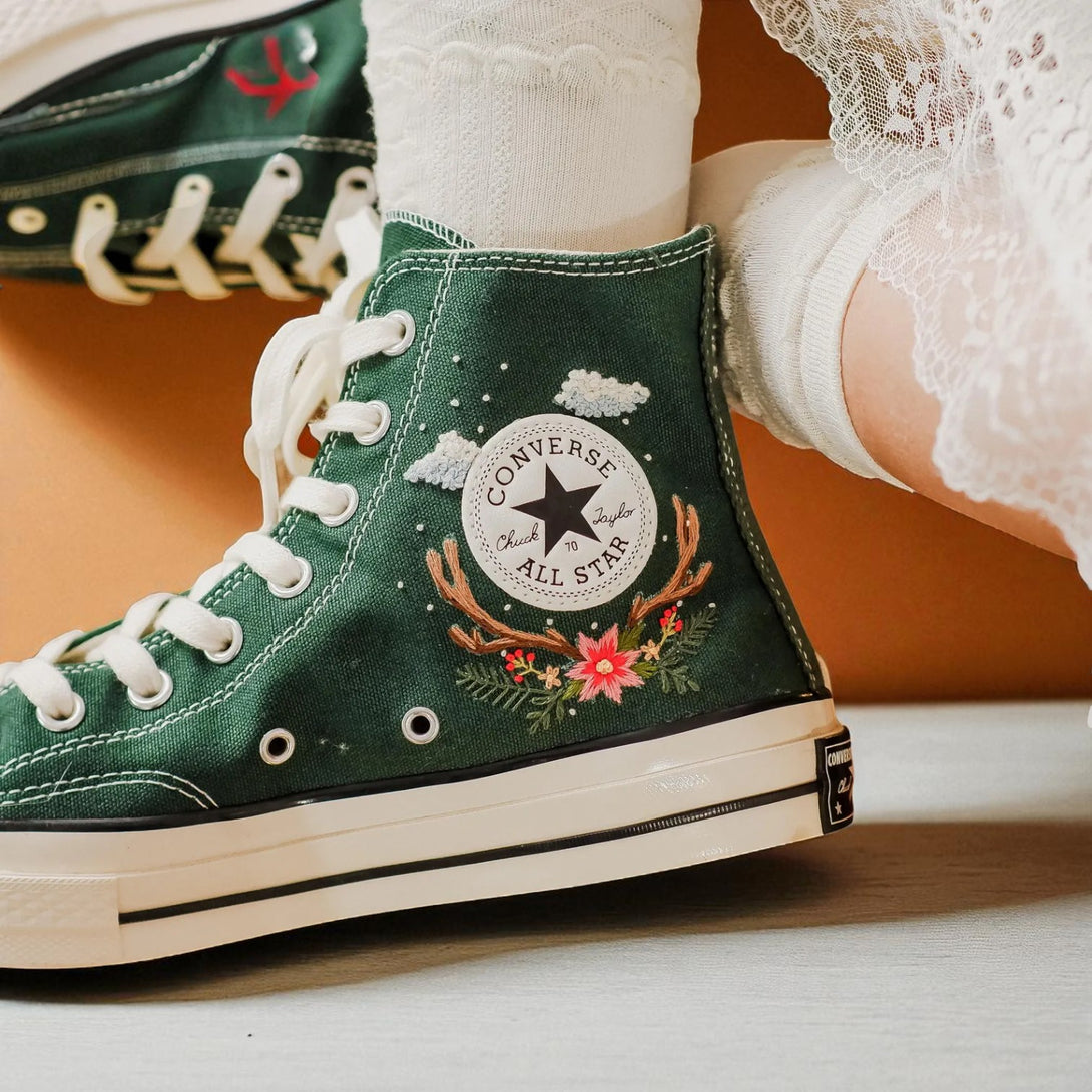 Converse Christmas Chucks green high top embroidered with floral wreath and antlers worn with white lace socks