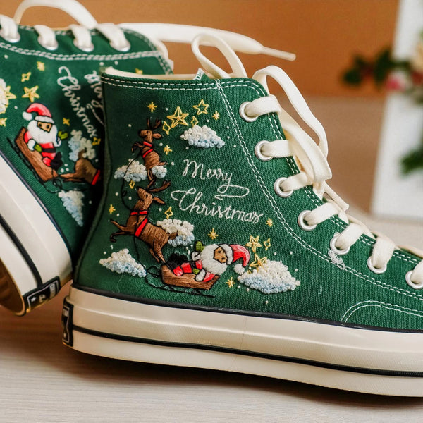 Converse embroidered green high top Christmas Chucks with Santa and reindeer Merry Christmas design