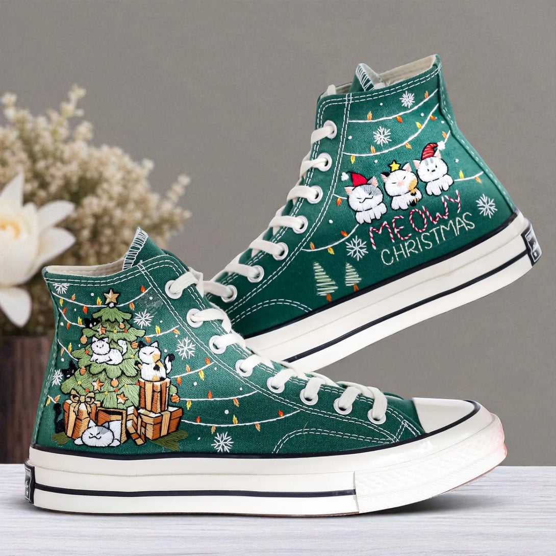 Converse embroidered green high top shoes with festive cats and tree embroidery Christmas Chucks