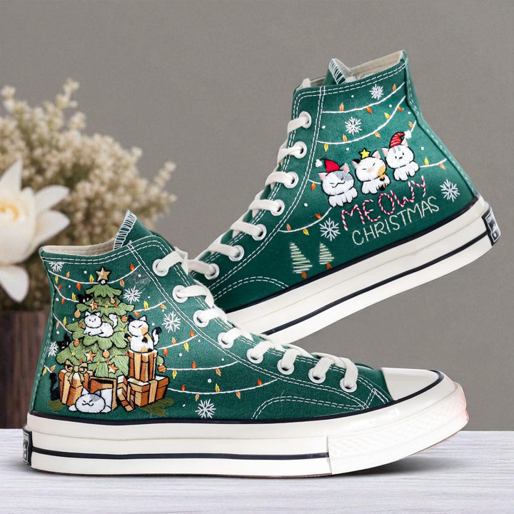Converse embroidered green high top shoes with festive cats and tree embroidery Christmas Chucks