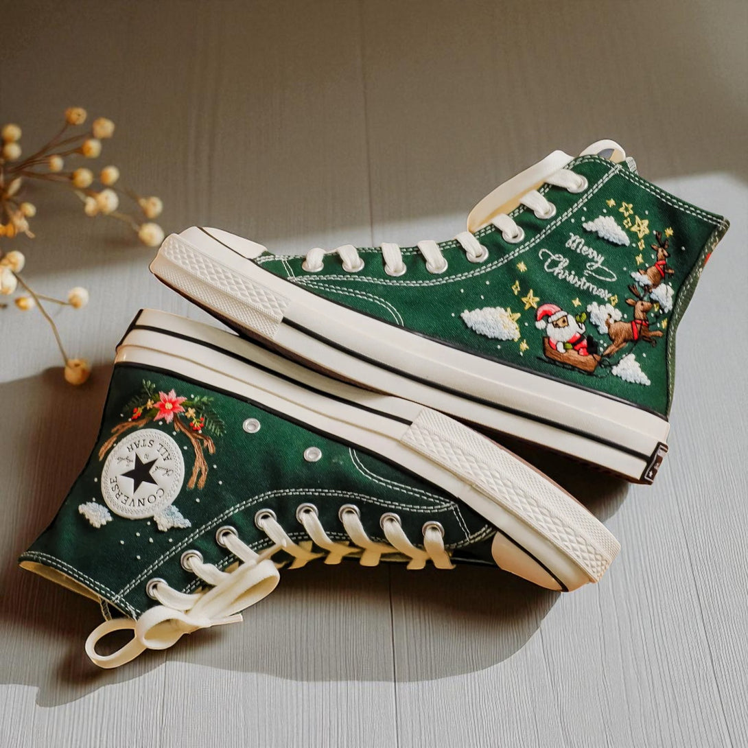 Converse embroidered shoes green high top Christmas Chucks with Santa sleigh wreath and Merry Christmas embroidery