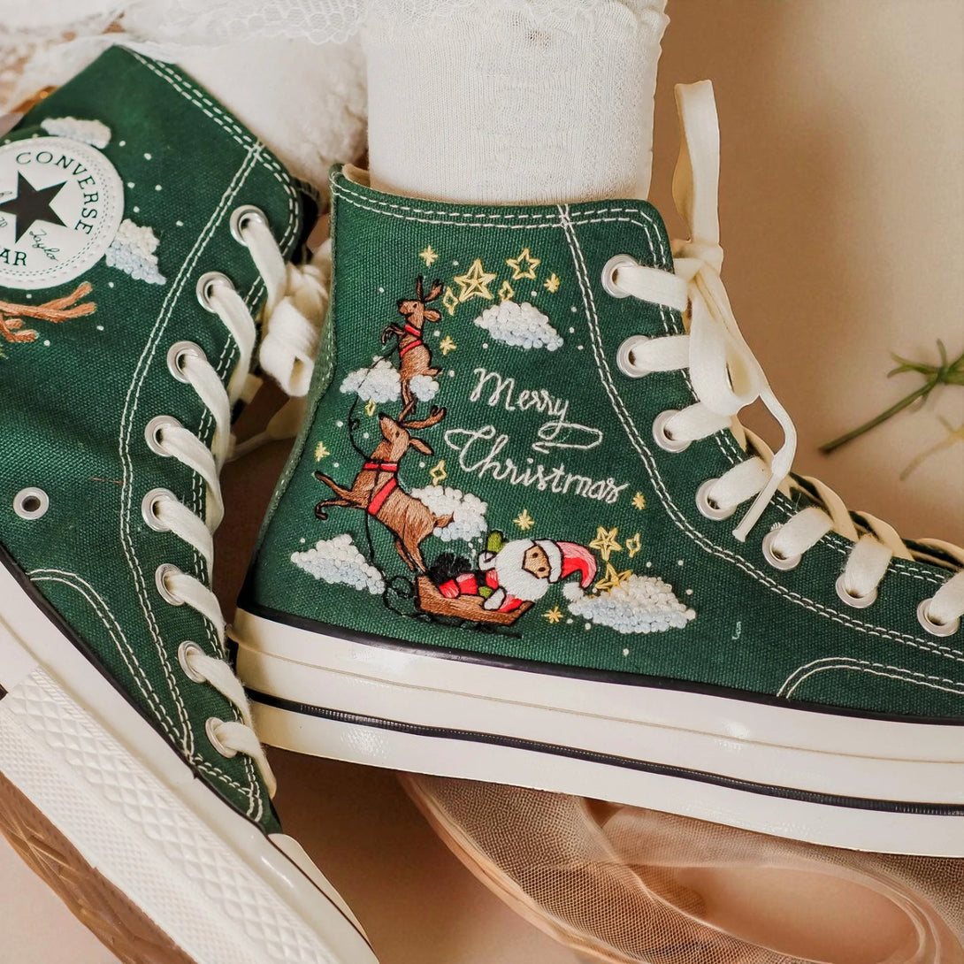 Converse embroidered green high top Christmas Chucks with Santa sleigh reindeer and Merry Christmas text