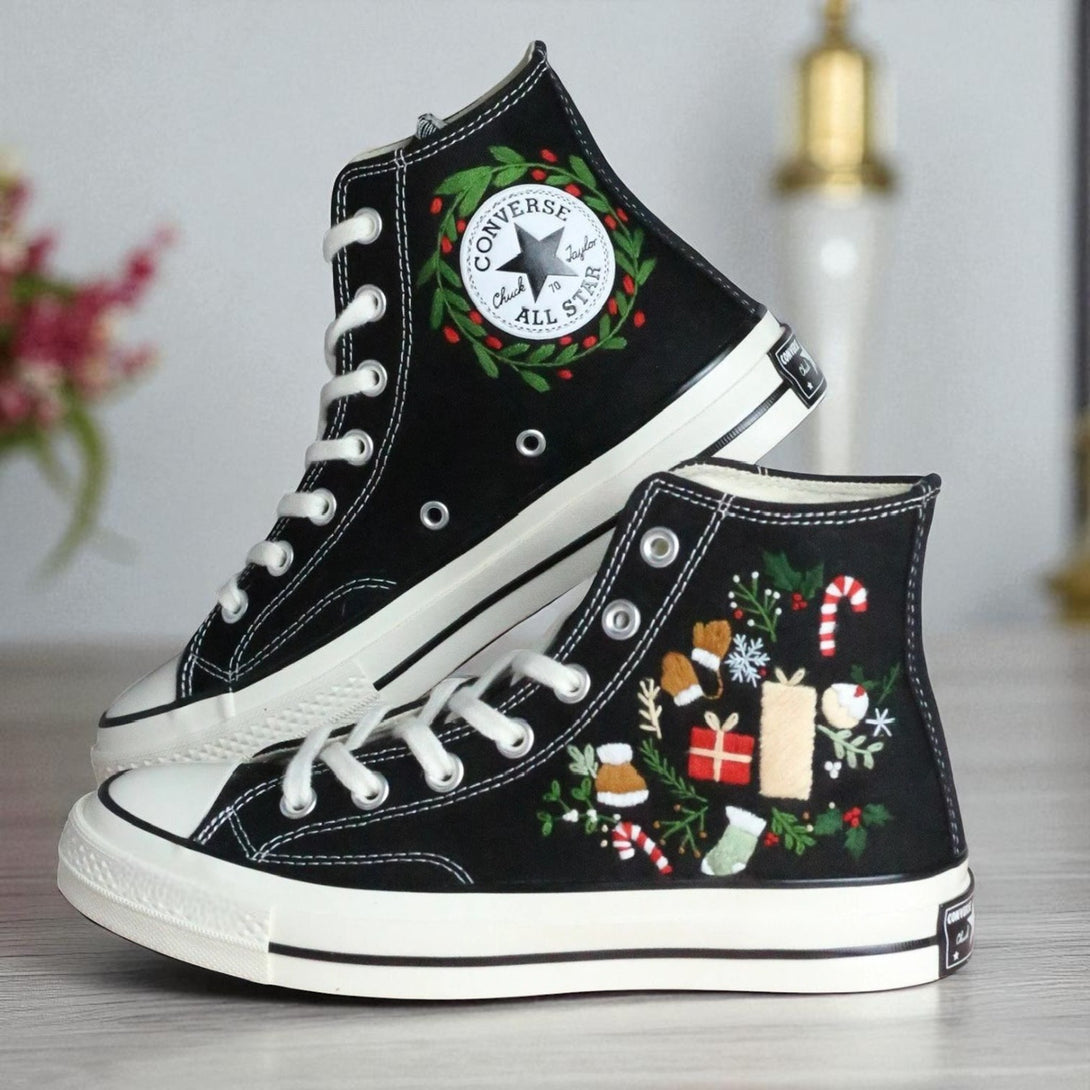 Black Converse embroidered high top shoes with holiday wreath and gifts embroidery Christmas Converse 2025