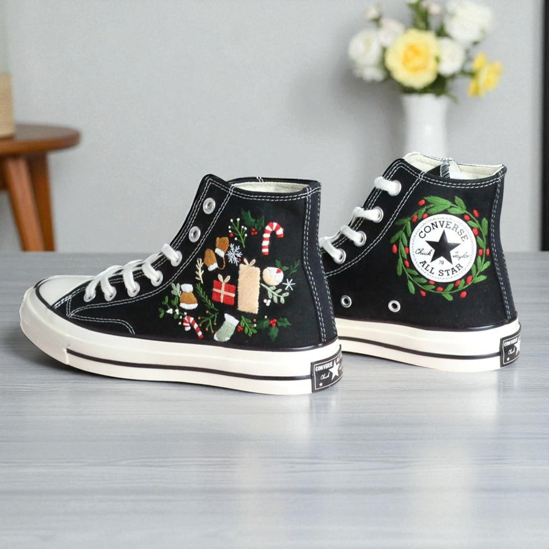 Converse embroidered black high top sneakers with holiday wreath gifts and candy canes Christmas Converse 2025