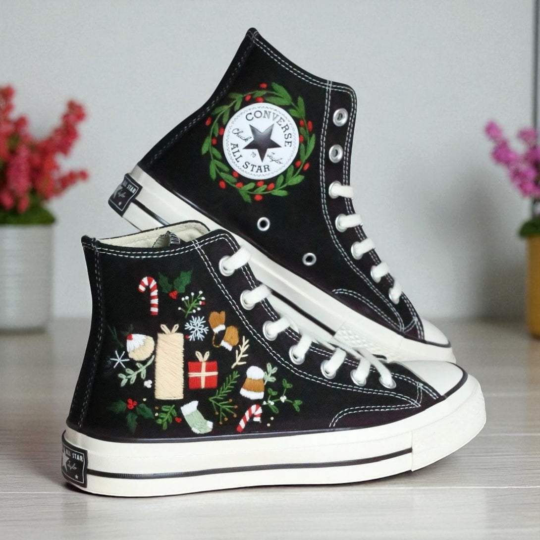 Converse embroidered high top shoes with holiday wreath candy canes gifts and holly Christmas Converse 2025