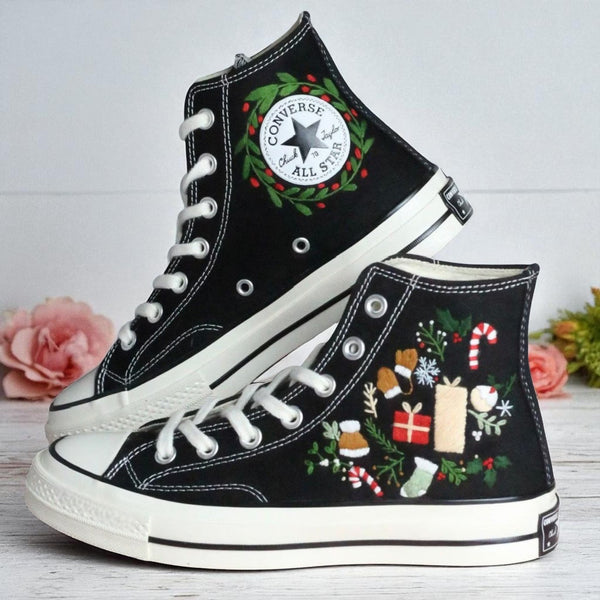 Christmas Converse 2025 embroidered black high top shoes with wreath candy canes gifts and stocking designs