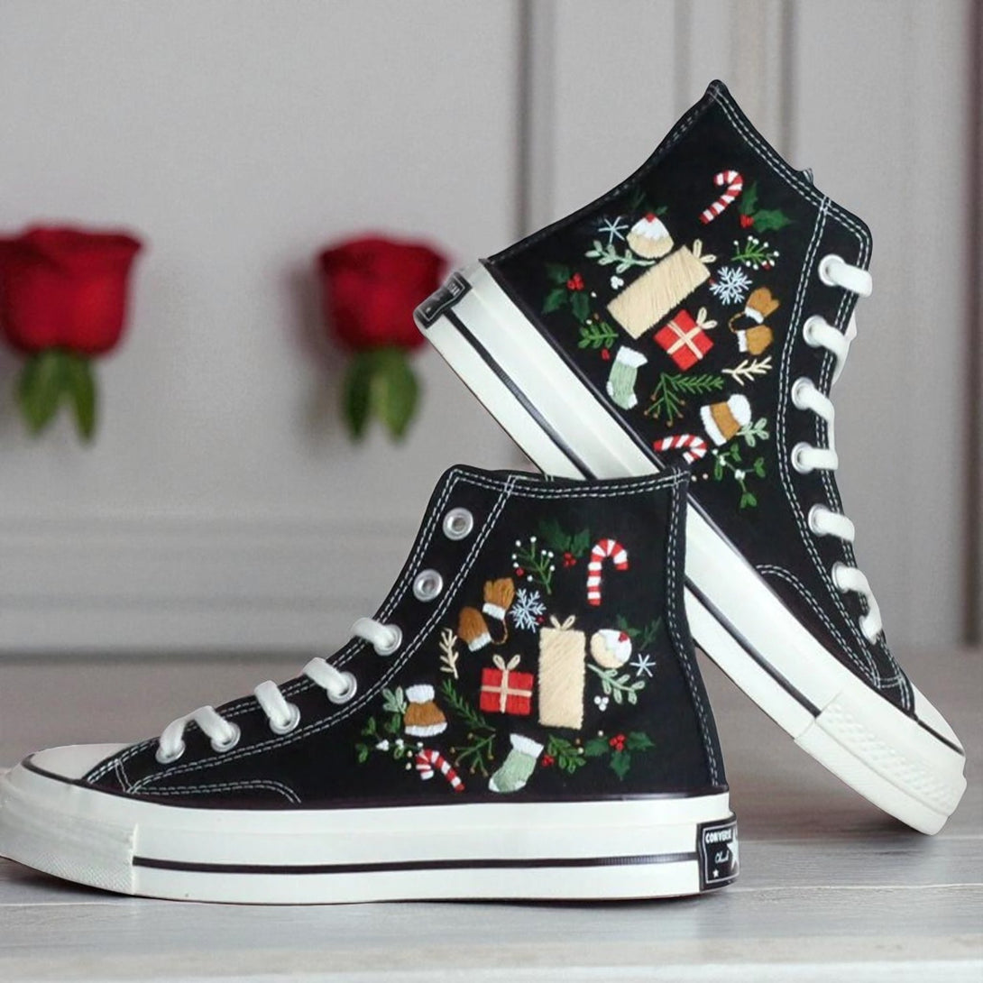 Christmas Converse 2025 black embroidered high top shoes with candy canes gifts holly and white soles