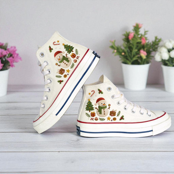 Converse embroidered high top sneakers with snowman and christmas tree embroidery christmas converse holiday gift