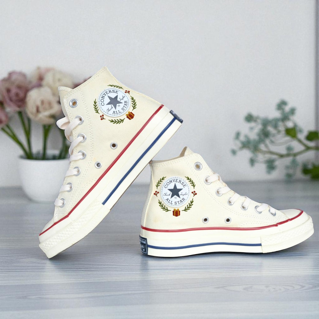 Converse embroidered high top shoes cream with wreath and gift details christmas converse