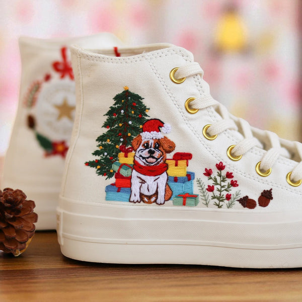White Converse embroidered high top shoes Christmas Converse design with Santa dog Christmas tree gifts and holly