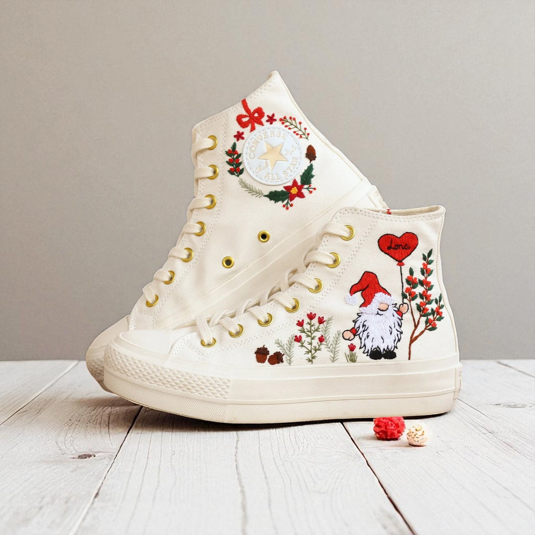 Christmas Converse white embroidered high top sneakers with gnome and poinsettia wreath holiday design