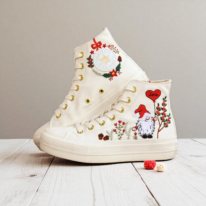 Christmas Converse white embroidered high top sneakers with gnome and poinsettia wreath holiday design