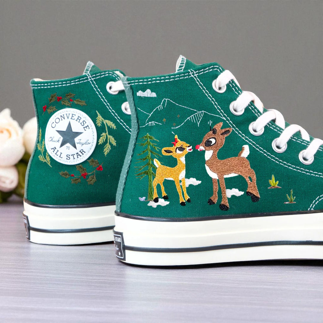 Christmas Converse High Tops green embroidered shoes with reindeer and mountain holiday design