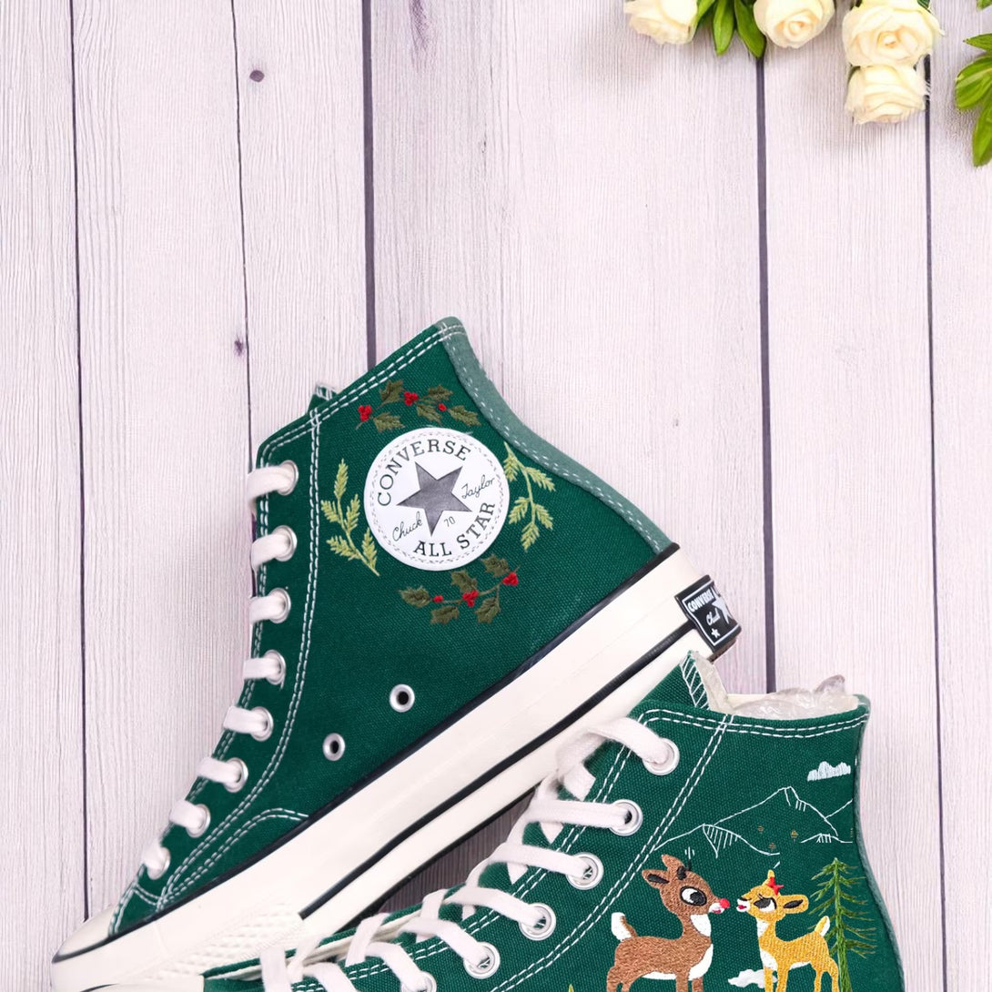 Christmas Converse High Tops embroidered green high top shoes with festive wreath and reindeer design