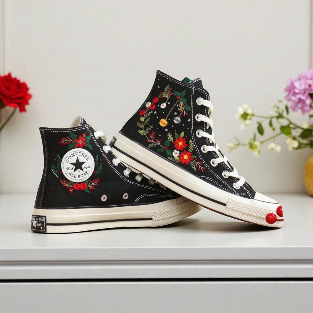Black Converse high top embroidered shoes with Christmas Converse Ornament Embroidery floral and ornament holiday design