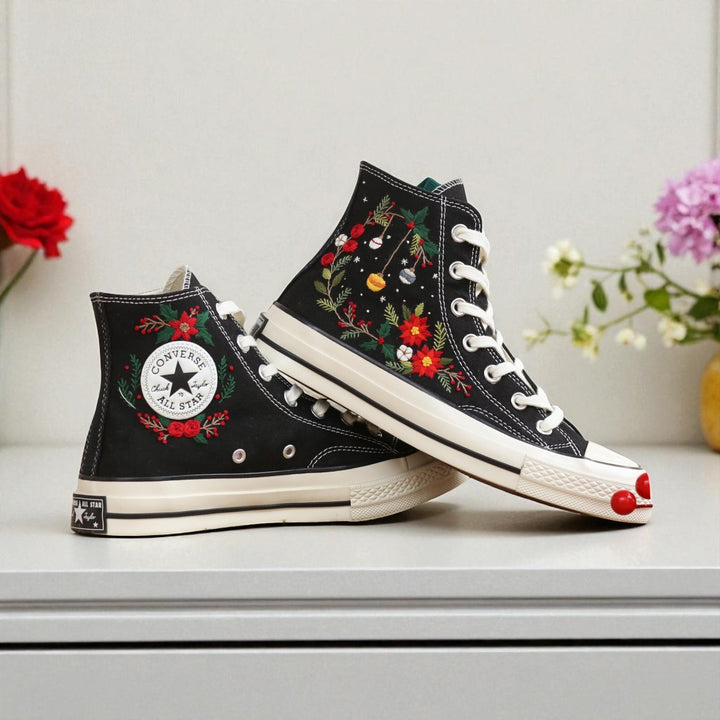 Black Converse high top embroidered shoes with Christmas Converse Ornament Embroidery floral and ornament holiday design
