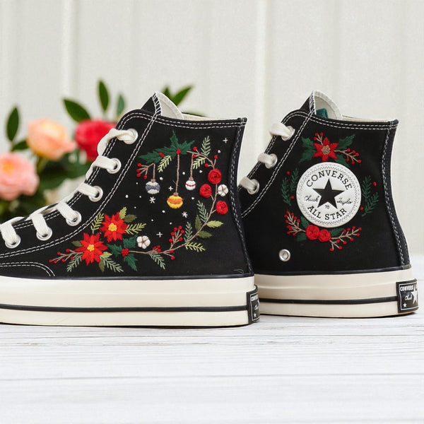 Black Converse embroidered high top shoes with Christmas Converse Ornament Embroidery featuring poinsettias wreath and ornaments