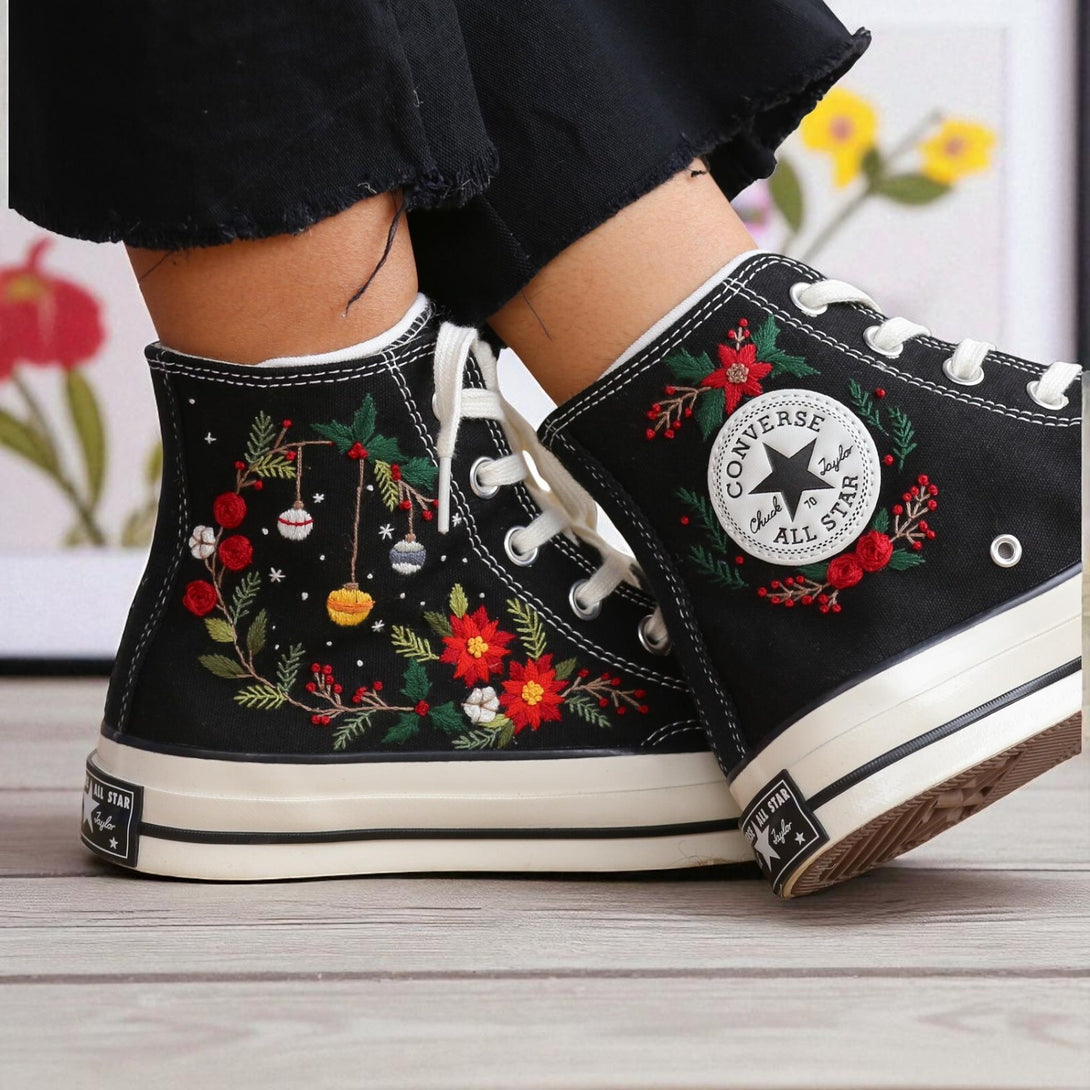 Black Converse embroidered high top shoes with poinsettias ornaments holly and berries Christmas Converse Ornament Embroidery