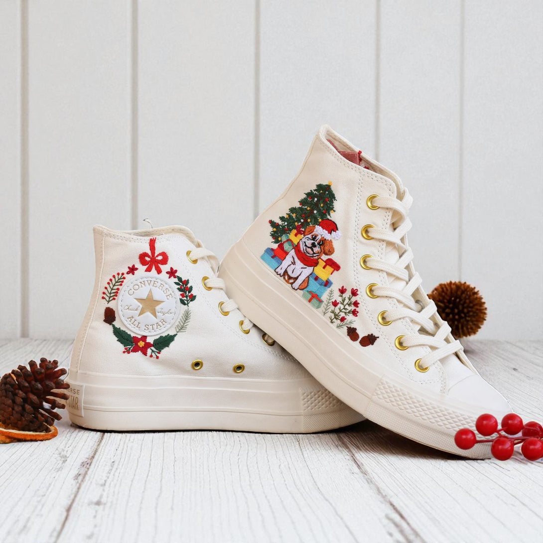 Converse embroidered high top cream canvas shoes with holiday wreath tree and gift motifs Christmas Converse sneakers