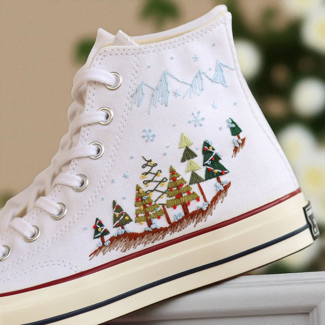 White Converse embroidered high top with festive tree and mountain design for Christmas Converse Shoes