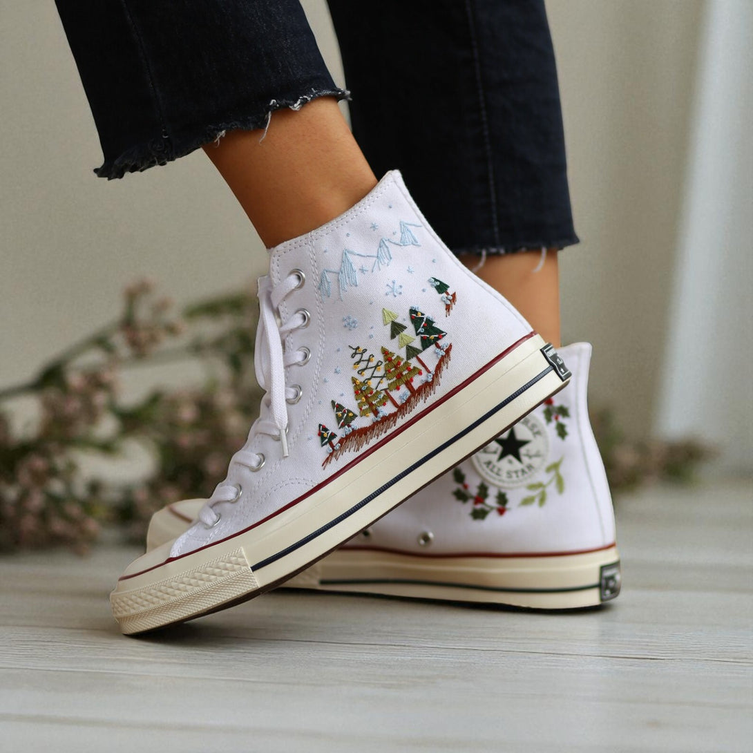 White embroidered high top Converse with festive tree and wreath embroidery for holiday wear Christmas Converse Shoes
