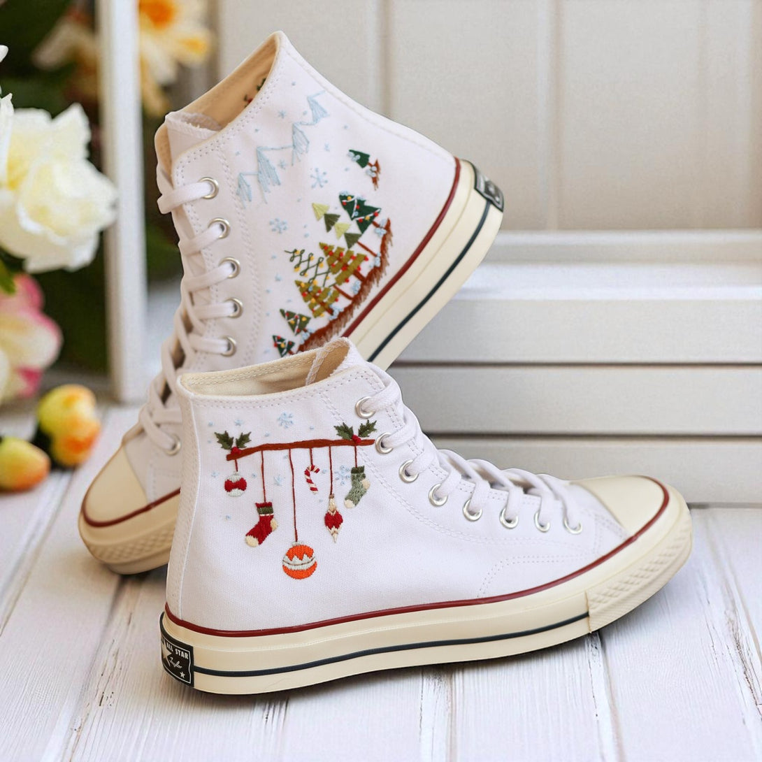 Christmas Converse Shoes white embroidered high top sneakers with holiday trees stockings and ornaments