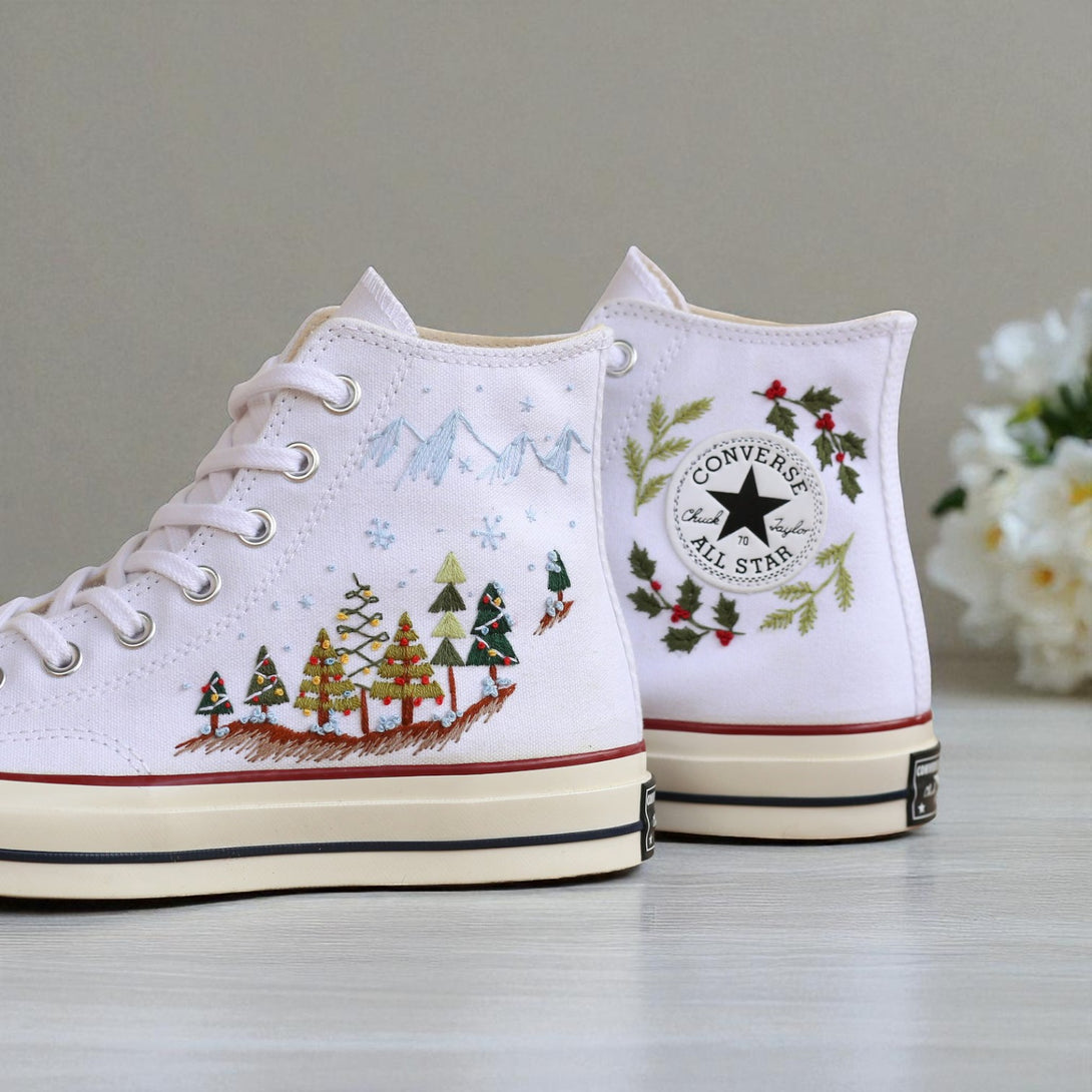 Christmas Converse Shoes white embroidered high top with Christmas tree scene and holly wreath logo
